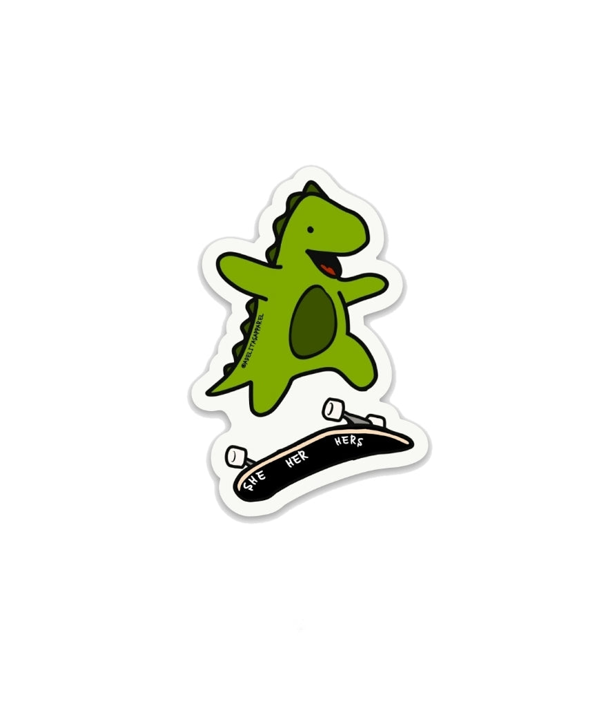 She/Her Skating Dino Pronoun Sticker