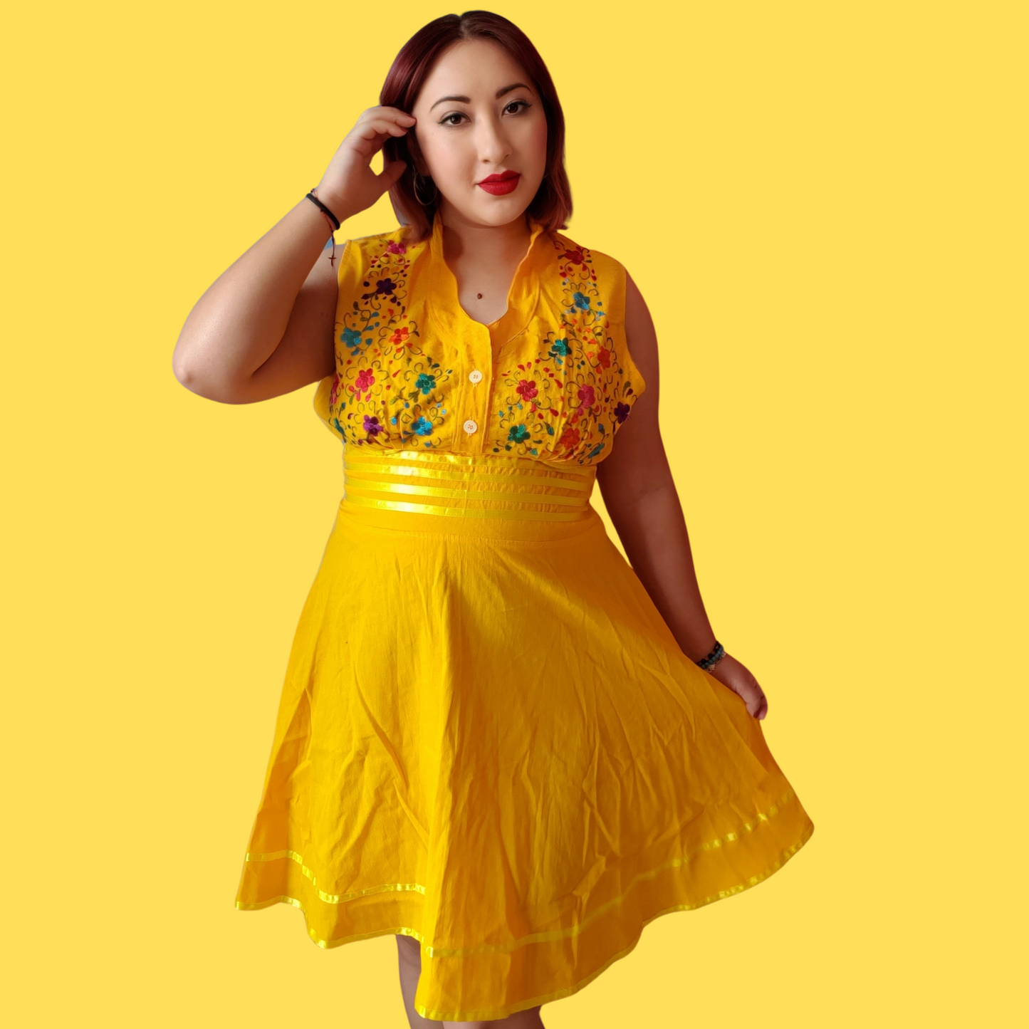 Mustard Yellow floral Embroidered midi dress