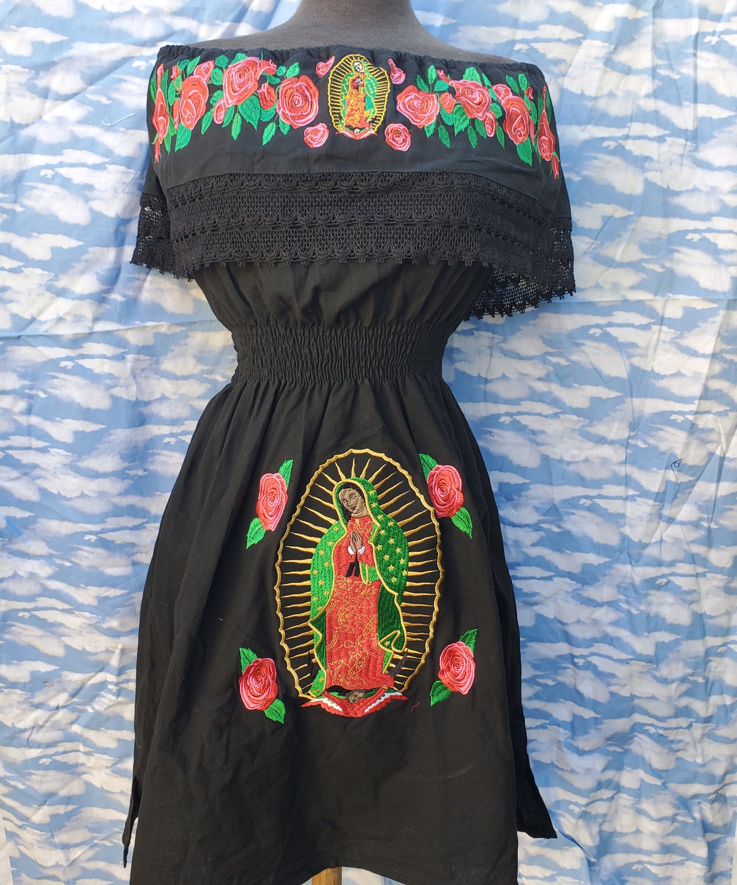 Black virgen de Guadalupe Floral Embroided Dress