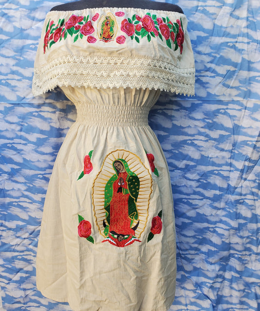Light beige  virgen de Guadalupe Floral Embroided Dress