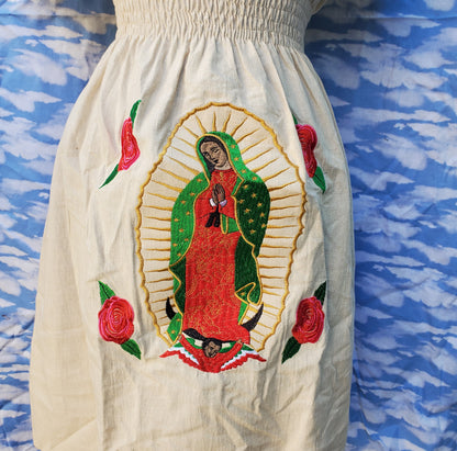 Light beige  virgen de Guadalupe Floral Embroided Dress