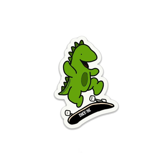 They/He Skating Dino Pronoun Sticker