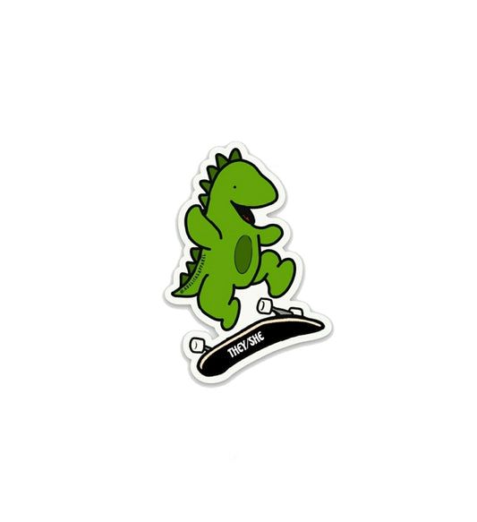 They/She Skating Dino Pronoun Sticker